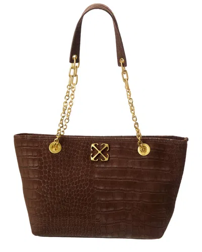Off-white ™ Jitney Small Chain Croc-embossed Suede Tote In Brown