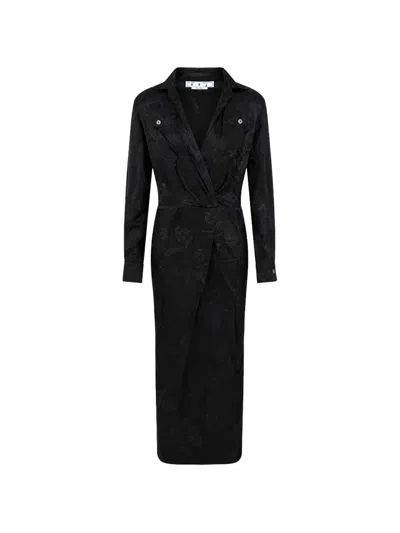 Off-white Long-sleeve Midi Dress In Black