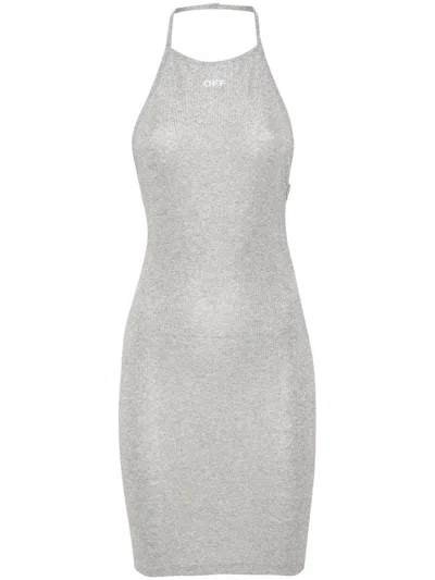 Off-white Ribbed-knit Lurex Mini Dress In Silber