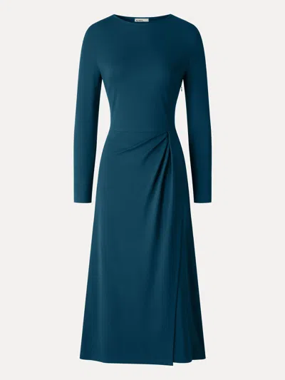 Oglmove Viscose Ponte Boatneck Long Sleeve Tucked Midi Dress In Dark Marine