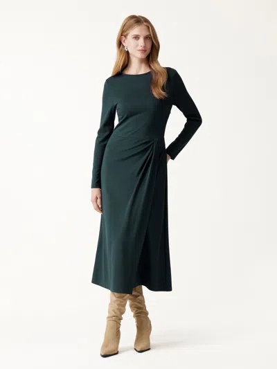 Oglmove Viscose Ponte Boatneck Long Sleeve Tucked Midi Dress In Forest Night Green