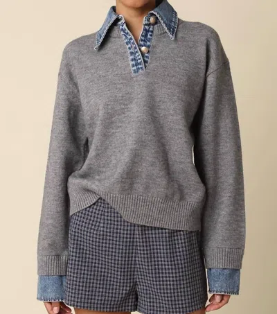Olivaceous Emely Contrast Knit Sweater In Grey Lt Denim In Blue