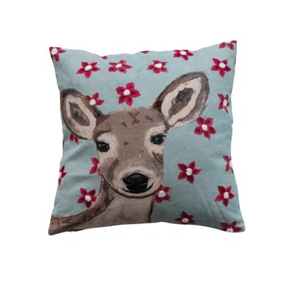 Olive Grove Artisan Cotton Deer & Floral Embroidered Pillow In Multicolor