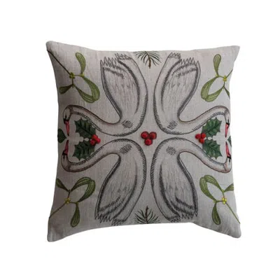Olive Grove Botanical Linen Blend Pillow With Swan Motif In Multicolor