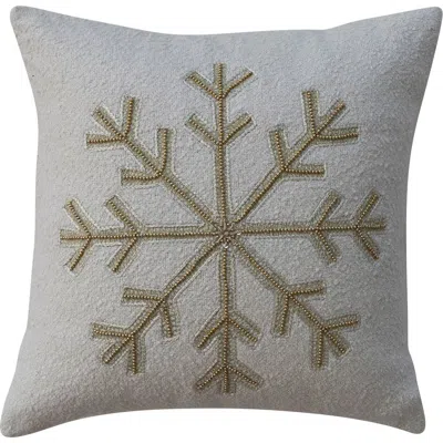 Olive Grove Cotton Boucle Pillow With Embroidered Snowflake And Beads In Gold And Cream