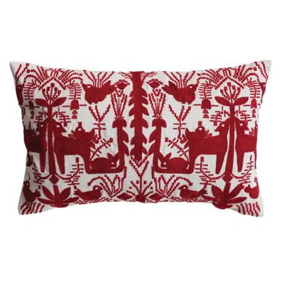 Olive Grove Cotton Slub Embroidered Lumbar Pillow In Red And Natural