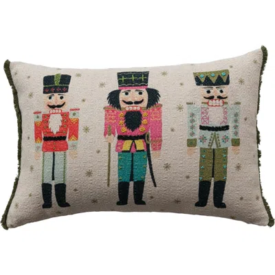 Olive Grove Cotton Slub Printed Lumbar Pillow With Nutcrackers, Beads And Eyelash Fringe In Multicolor