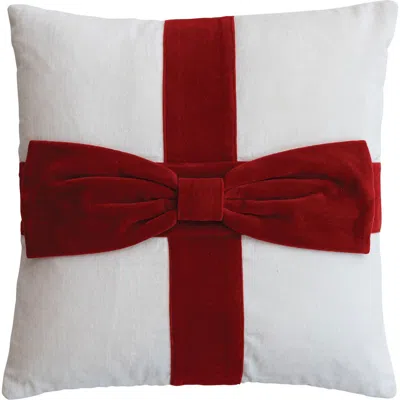 Olive Grove Cotton Velvet Pillow With Artisan Bow In Red And White