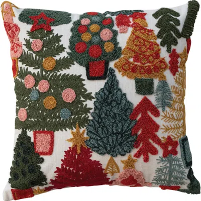 Olive Grove Embroidered Cotton Slub Pillow With Whimsical Christmas Trees In Multicolor