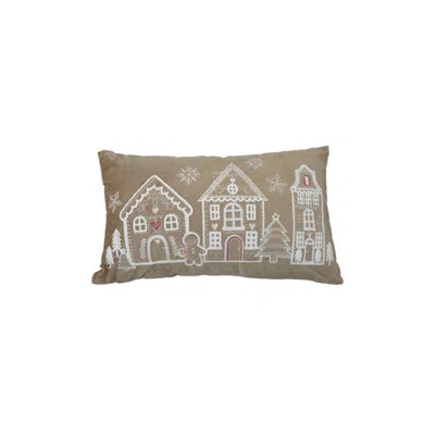 Olive Grove Embroidered Velvet Pillow With Gingerbread Scene In Green And White