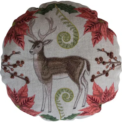 Olive Grove Linen Botanical Pillow With Deer And Cotton Back In Multicolor