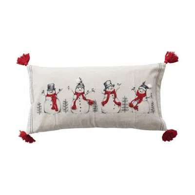 Olive Grove Linen Printed Lumbar Pillow With Embroidered Snowmen And Birds Image, Pompoms And Tassel In Multicolor