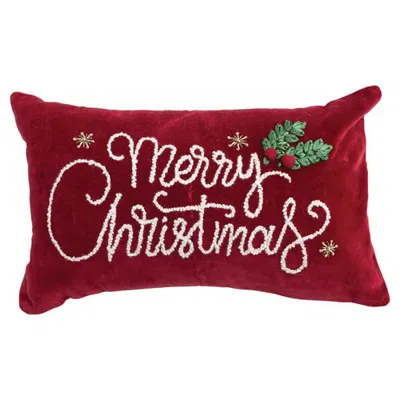 Olive Grove "merry Christmas" Cotton Velvet Lumbar Pillow In Burgundy/green And White