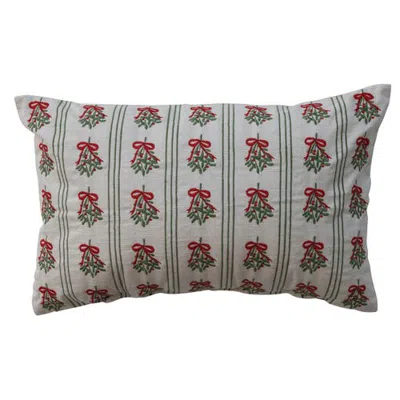 Olive Grove Mistletoe Stripe Embroidered Cotton Lumbar Pillow In Multicolor