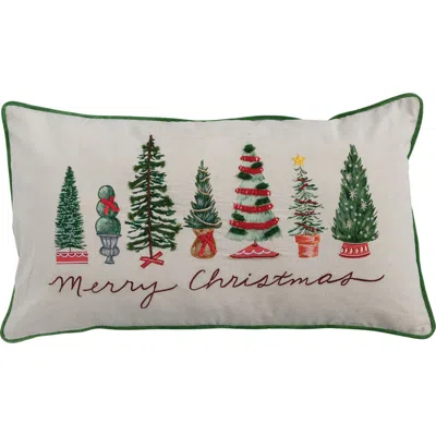 Olive Grove Printed Lumbar Pillow With Piping, Embroidery, And Trees "merry Christmas" In Multicolor