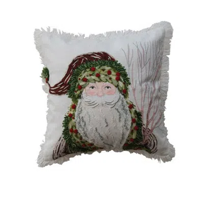 Olive Grove Santa Embroidered Cotton Slub Pillow With Festive Fringe In Multicolor