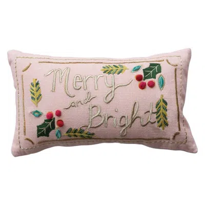 Olive Grove Slub Lumbar Pillow With Hand-embroidery, Pom Poms, Beads, Metallic Thread And Velvet Bac In Multicolor