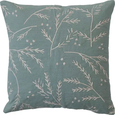 Olive Grove Square Cotton Slub Pillow With Floral Embroidery In Mint