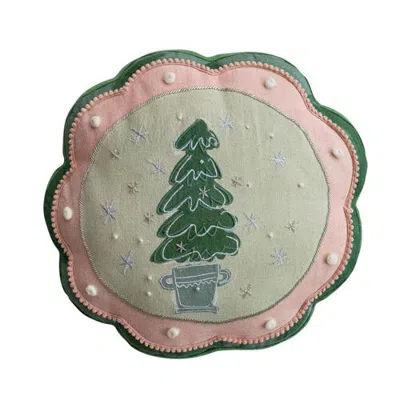 Olive Grove Tree Motif Cotton & Linen Pillow With Pom Pom Trim In Multicolor