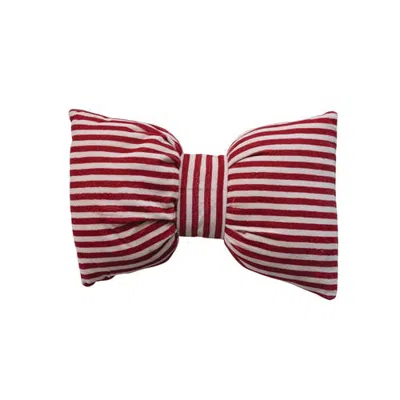 Olive Grove Velvet Bow Striped Lumbar Pillow In Red And Cream