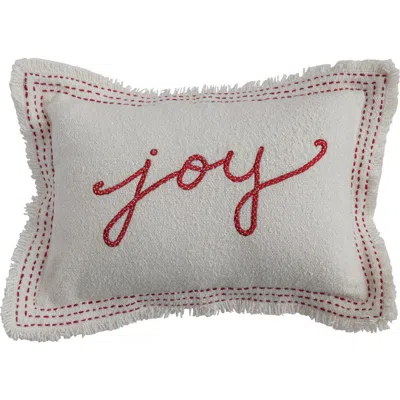 Olive Grove Woven Cotton Blend Textured Lumbar Pillow With Embroidery And Fringe "joy" In Ivory Color And Red