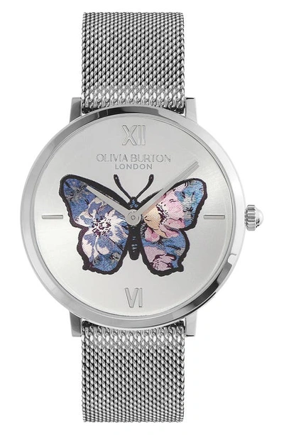 Olivia Burton Signature Butterfly Leather Strap Watch, 28mm In Silver White