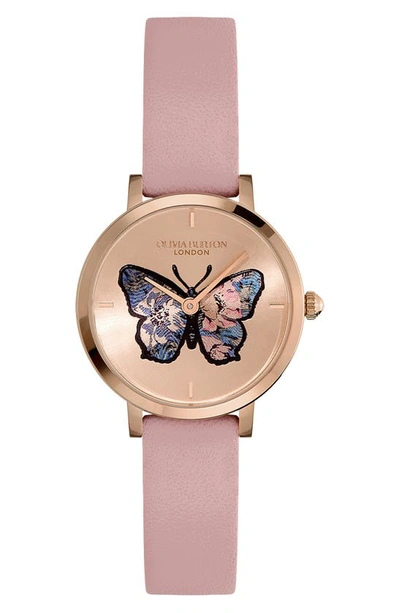 Olivia Burton Signature Butterfly Leather Strap Watch, 28mm In Rose Gold