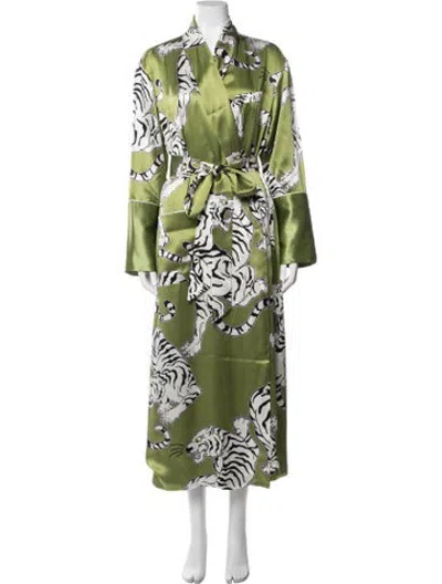 Pre-owned Olivia Von Halle Silk Animal Print Robe In Green
