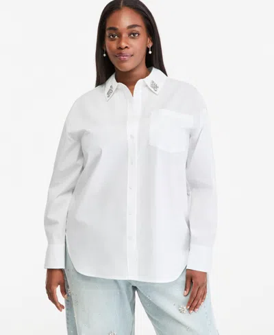 On 34th Plus Size Embellished Collar Poplin Button Down Shirt, Macy's Exclusive In White