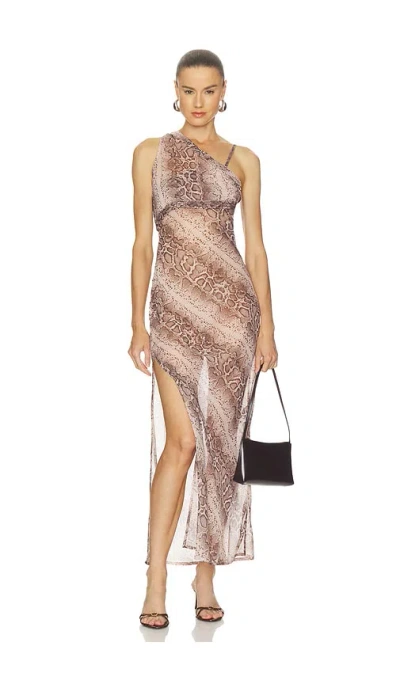 One Teaspoon Negroni Sheer Chiffon One Shoulder Maxi Dress In Cognac Snake