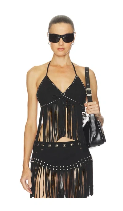One Teaspoon Rebel Rider Fringed Studded Suede Cami Top In Black