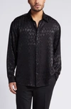 Open Edit Jacquard Stretch Satin Button-up Shirt In Black