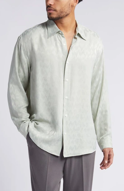 Open Edit Jacquard Stretch Satin Button-up Shirt In Green Silicate