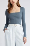 Open Edit Luxe Sculpt Square Neck Long Sleeve Top In Blue Weather