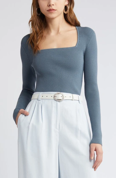 Open Edit Luxe Sculpt Square Neck Long Sleeve Top In Blue Weather