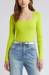 Open Edit Luxe Sculpt Square Neck Long Sleeve Top In Green Primrose