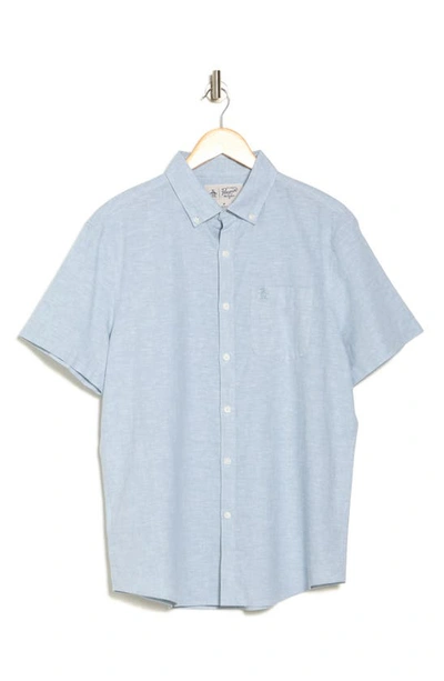 Original Penguin Stretch Linen Blend Short Sleeve Shirt In Tourmaline