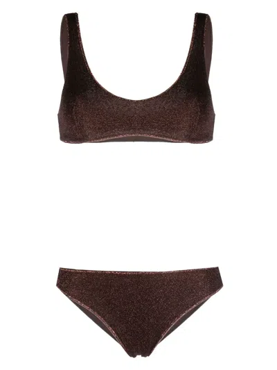 Oseree Metallic-thread Scoop Bikini In Brown