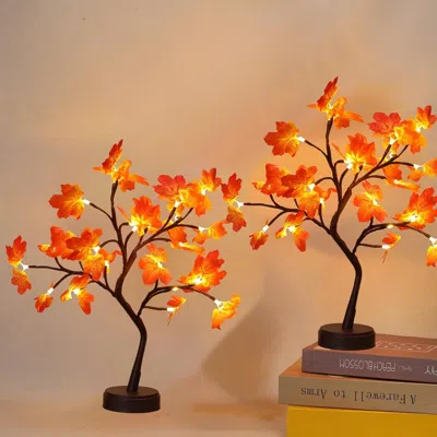Oshana 2 Pack Artificial Autumn Maple Tree With 24 Led Lights, Battery/usb Powered Thanksgiving Table Lamp,