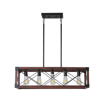 Oshana 32" Red Wood Industrial Farmhouse Rectangle Pendant Light, 5-light Chandelier For Dining Room, Kitch