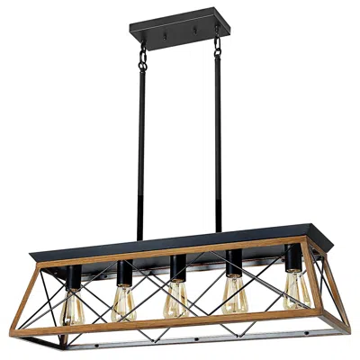Oshana 32" Walnut Industrial 5-light Pendant Chandelier, Modern Metal Cage Design, Adjustable Hanging Light