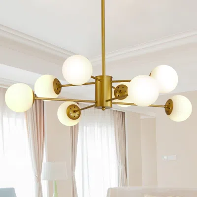 Oshana 35" Modern 8-light Gold Chandelier With White Glass Globe Shades, Mid-century Branching Design, Eleg