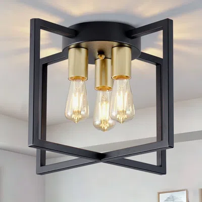 Oshana 3-light Ceiling Light Fixture, Black And Gold Semi-flush Mount Chandelier With Geometric Metal Shade