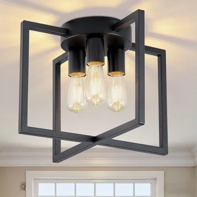 Oshana 3-light Ceiling Light Fixture, Black Semi-flush Mount Chandelier With Geometric Metal Shade, Farmhou