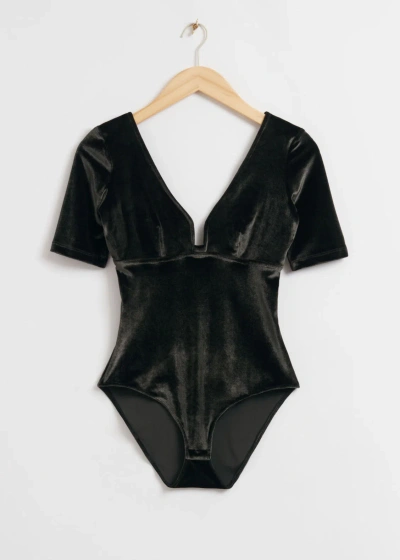 Other Stories Velvet Jacquard Bodysuit In Black