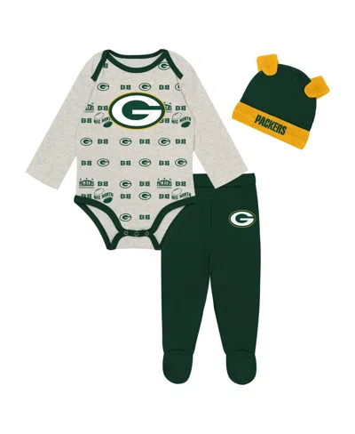 Outerstuff Kids' Baby Boys And Girls Heather Gray Green Bay Packers Huddles Giggles 3-piece Pant And Hat Set