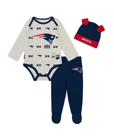 Outerstuff Kids' Baby Boys And Girls Heather Gray New England Patriots Huddles Giggles 3-piece Pant And Hat Set In Blue