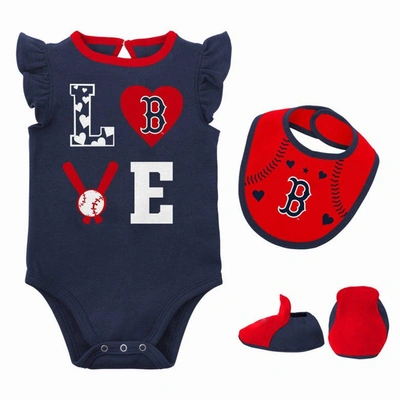 Outerstuff Baby Boys And Girls Navy, Red Boston Red Sox Three-piece Love Of Baseball Bib, Bodysuit And Booties In Navy,red
