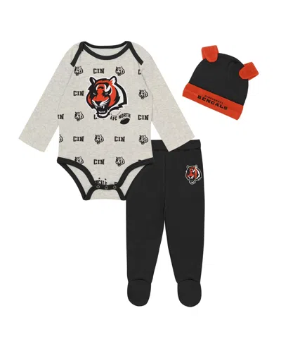 Outerstuff Babies' Boys' And Girls' Huddles Giggles Cincinnati Bengals Long-sleeve Footed Bodysuit, Pants And Hat, 3-pi In Black