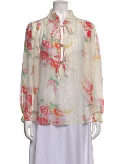 Pre-owned Overland Floral Print Tie Neck Blouse W/ Tags In Neutrals